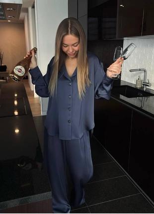 Шовкова піжама сорочка вільного крою з довгими рукавами рубашка штани вільного крою брюки комплект для дому та сну синя зелена чорна трендова