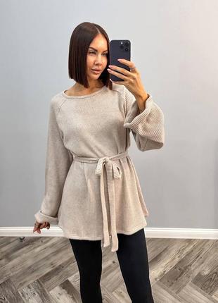 Туніка з ангори з довгими рукавами вільного крою з поясом тепла подовжена кофта...