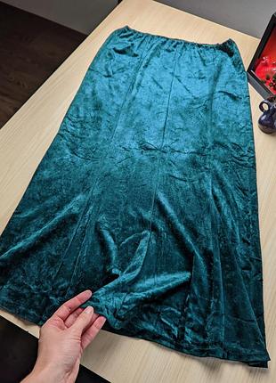 Юбка бархат изумрудная зеленая винтажная миди прямая на резинке