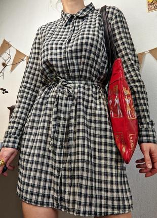 Платье рубашка в клетку мини с поясом туника черно белое хлопок s m l