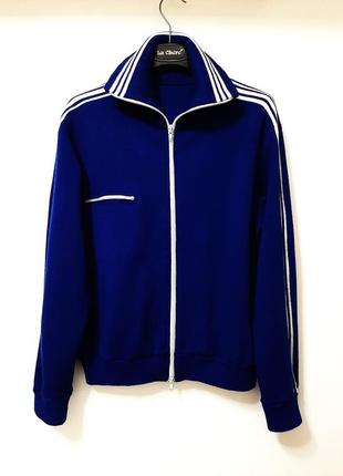 Спортивна куртка тепла вовняна кофта на блискавці з коміром синя білі смуги чоловіча2 фото