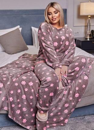 Женская пижама махровая теплая сиреневая принт лапка комплект кофта и штаны домашний зимний (b)4 фото