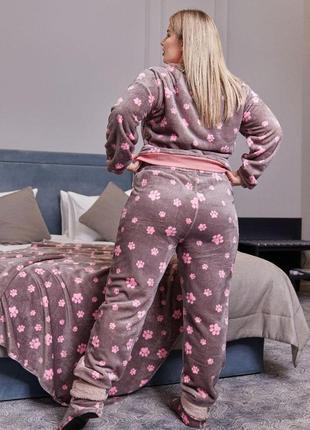 Женская пижама махровая теплая сиреневая принт лапка комплект кофта и штаны домашний зимний (b)3 фото
