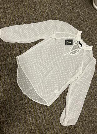 Нежная прозрачная белоснежная блузка длинный рукав фонарик швейцарский горошек s m2 фото