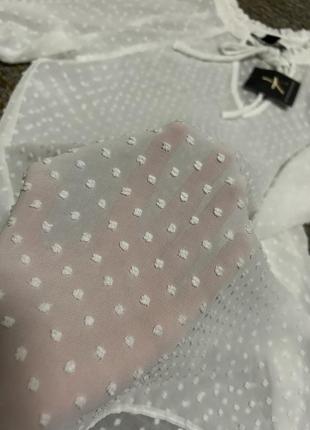 Нежная прозрачная белоснежная блузка длинный рукав фонарик швейцарский горошек s m8 фото
