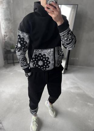 Мужской зимний спортивный костюм черный с принтом бандана с начесом комплект худи и штаны на флисе (b)