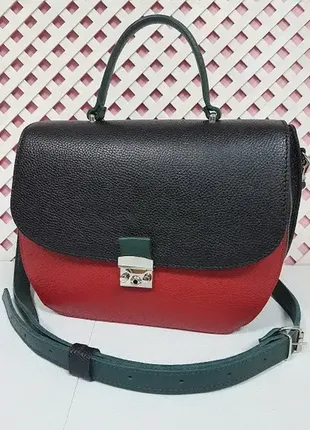 Сумка женская "луна" натуральная кожа, красный с черным флотар