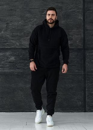 Чоловічий зимовий спортивний костюм чорний плюшевий з капюшоном комплект флісовий худі + штани (b)