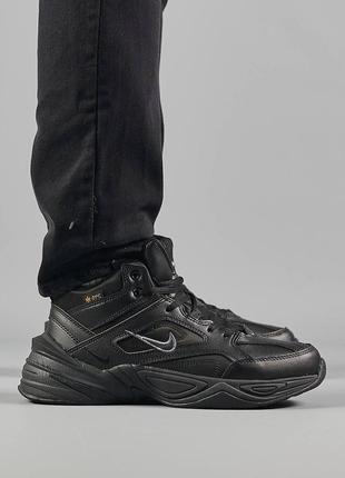 Мужские зимние кроссовки nike m2k tekno mid черные кожаные найк м2к текно на меху (b)6 фото