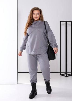 Костюм кофта свободная вырез лодочка декор строчка камушки рукав манжет штаны на резинке высокая посадка манжеты карманы ткань ангора двусторонняя