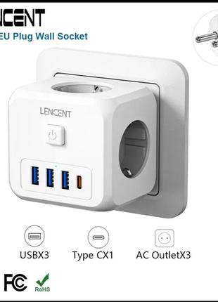 Мережевий фільтр трійник lencent pa037eu 7 в 1 із вимикачем + 3 usb/1type-c