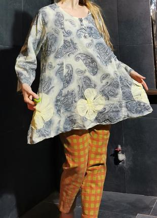 Италия блуза с аппликацией из муслина коттон хлопок цветы принт узор пейсли туника оверсайз4 фото