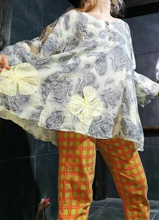 Италия блуза с аппликацией из муслина коттон хлопок цветы принт узор пейсли туника оверсайз5 фото