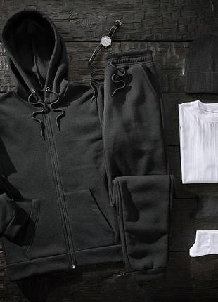 Мужской зимний спортивный костюм набор 5в1 толстовка + штаны + футболка + шапка черный с капюшоном (b)