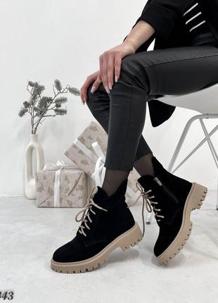Женские зимние ботинки, черные, натуральная замша