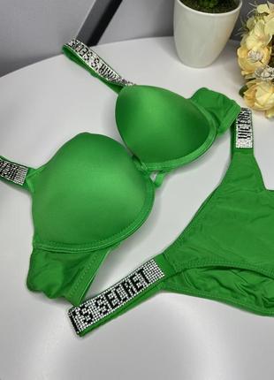 Комплект женского нижнего белья victoria's secret со стразами зеленый цвет4 фото