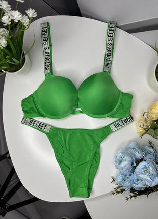 Комплект женского нижнего белья victoria's secret со стразами зеленый цвет2 фото