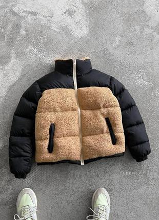 Чоловіча зимова куртка чорна з бежевим плюшева до -20 *с пуховик короткий без капюшона (b)2 фото