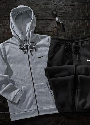 Мужской зимний спортивный костюм nike на флисе серый комплект кофта на змейке и штаны с начесом (b)
