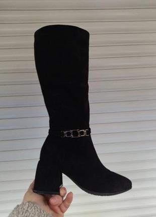 Женские черные замшевые сапоги на каблуке еврозима lirio1 фото