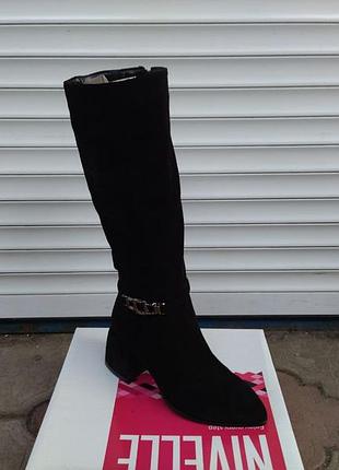 Женские черные замшевые сапоги на каблуке еврозима lirio