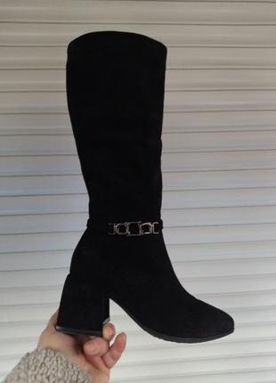 Женские черные замшевые сапоги на каблуке еврозима lirio7 фото