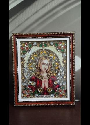 Икона ангел охранников, вышитая чешским бисером, бусинами, с декоративными элементами.