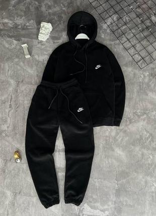 Мужской зимний спортивный костюм nike черный на флисе комплект найк плюшевый худи + штаны (b)