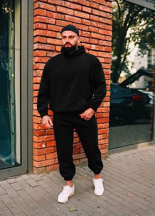 Мужской спортивный оверсайз костюм зимний черный комплект худи + штаны на зиму (b)