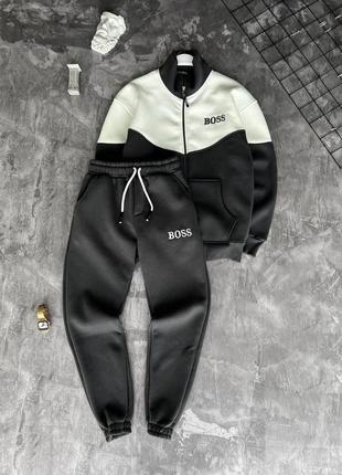 Мужской зимний спортивный костюм hugo boss серый с молочным на молнии комплект кофта и штаны на флисе (b)