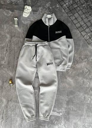 Мужской зимний спортивный костюм hugo boss серый с черным на молнии комплект кофта и штаны на флисе (b)