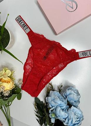Жіночі мереживні трусики victoria's secret червоні, мереживні трусики бразиліана зі стразами