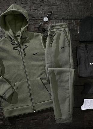 Чоловічий зимовий спортивний костюм nike набір 5в1 толстовка + штани + футболка + шапка хакі з капюшоном (b)