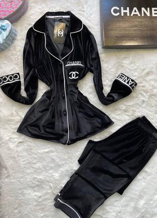 🩷есть наложка 🩷lux качество 💜 женская черная бархатная пижама "chanel"❤️в подарочной коробке🤗