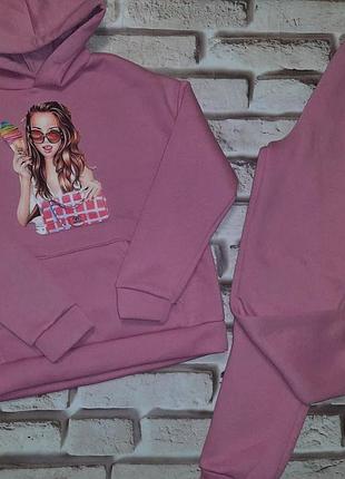 Детский теплый спортивный костюм на девочку цвет розовый (плотная,теплая ткань,не кашлатится) "ice cream"