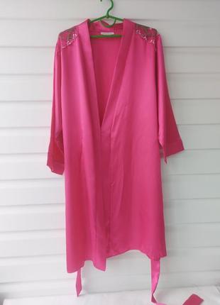 Женский розовый атласнтй халат на запах camille3 фото