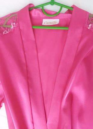 Женский розовый атласнтй халат на запах camille7 фото