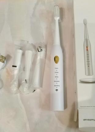 Електрична зубна щітка sonic ультразвукова ipx7 - 4 насадки, таймер.біла8 фото