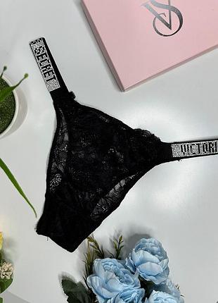 Жіночі мереживні трусики victoria's secret чорні, мереживні труси бразиліана зі стразами