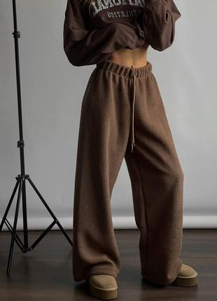 Спортивні штани тедді плюшеві барашик палаццо кльош коричневі білі трендові стильні