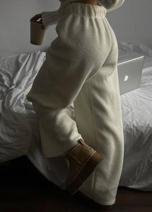 Спортивні штани тедді плюшеві барашик палаццо кльош коричневі білі трендові стильні9 фото
