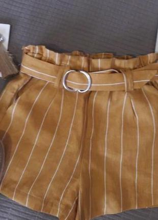 Шорты льняные bershka в полоску с поясом