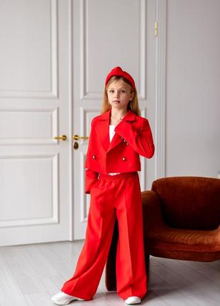 Костюм -двойка детский подростковый брючный, для девочки, пиджак укороченный, брюки, красный