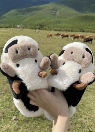 🐮 капці плюшеві махрові хутряні теплі зимові зимні кімнатні домашні для дому корови у формі вигляді корів тапочки тапки жіночі