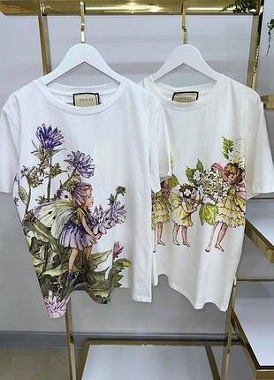 Футболка в стиле gucci Jockey с цветами белая