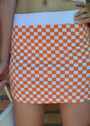 Яркая стрейчевая мини юбка на резинке в шахматную оранжевую клетку, винтаж, с-м