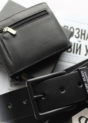 Мужской подарочный набор philipp plein - кожаный ремень и кошелек черный4 фото