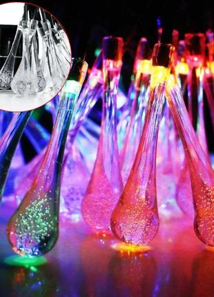 Гірлянда вулична на сонячній батареї кришталеві краплі 6,5м 30 led мульти