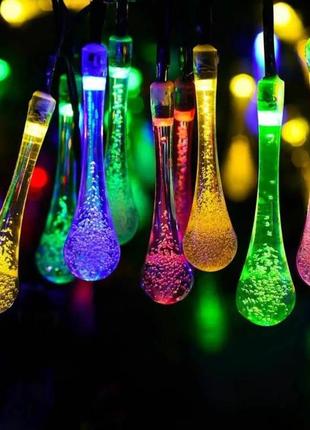 Гірлянда вулична на сонячній батареї кришталеві краплі 6,5м 30 led мульти