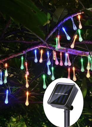 Гірлянда вулична на сонячній батареї кришталеві краплі 6,5м 30 led мульти